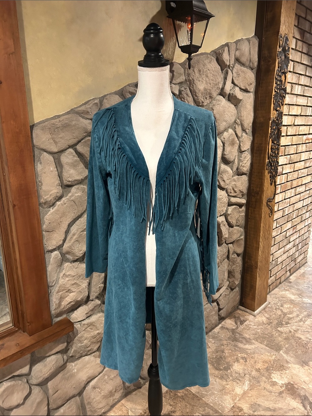 NWT Teal Western Fringe Open Cardigan with Fringe Accents Large